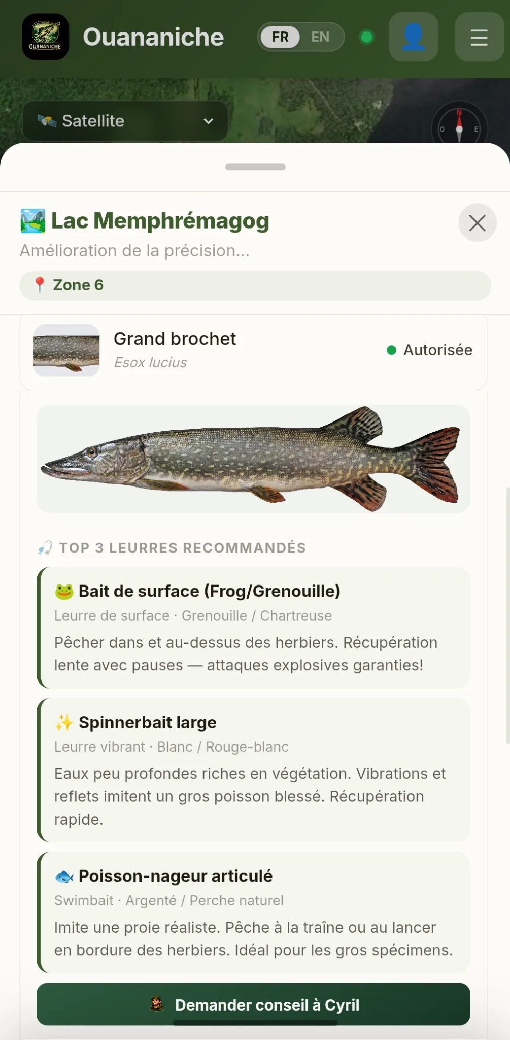 Capture d’écran des espèces et leurres recommandés dans Ouananiche