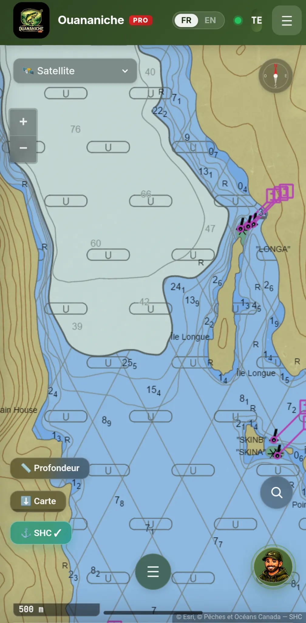 Capture d’écran de la carte nautique SHC officielle dans Ouananiche