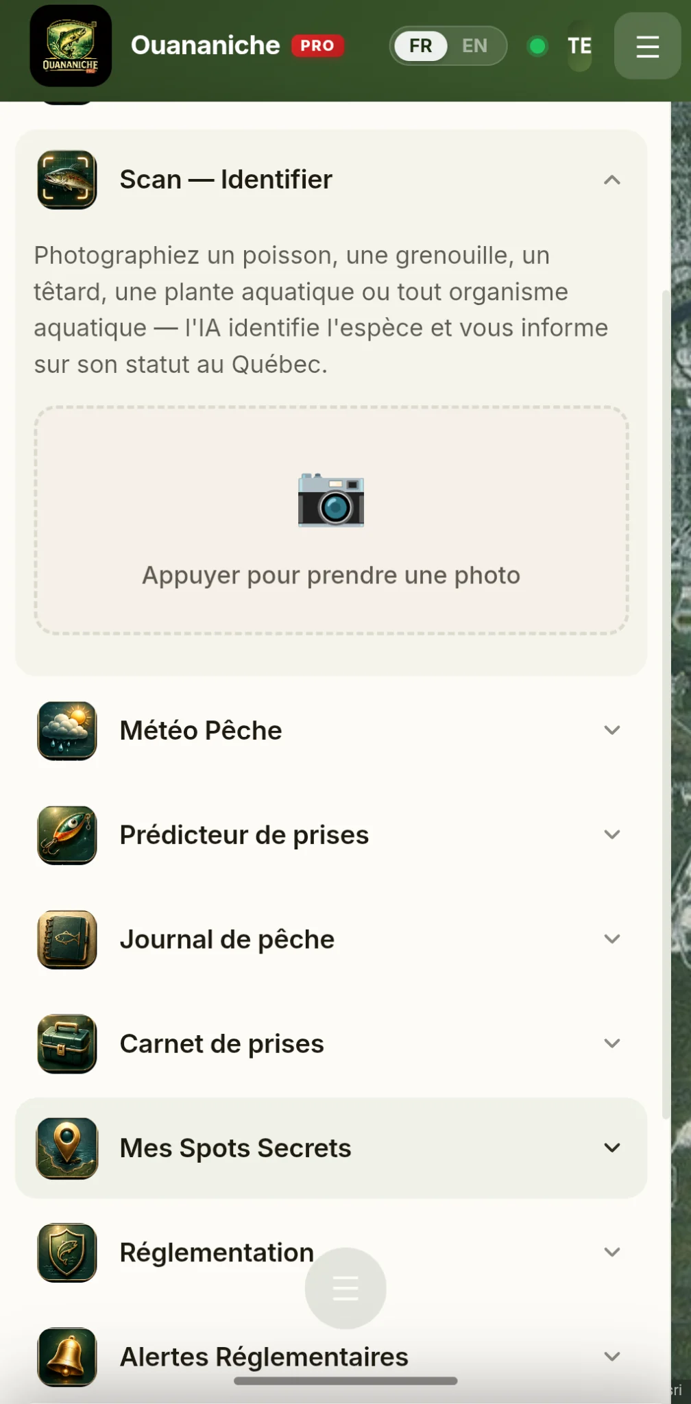 Capture d’écran du module Scan — Identifier dans le menu Ouananiche