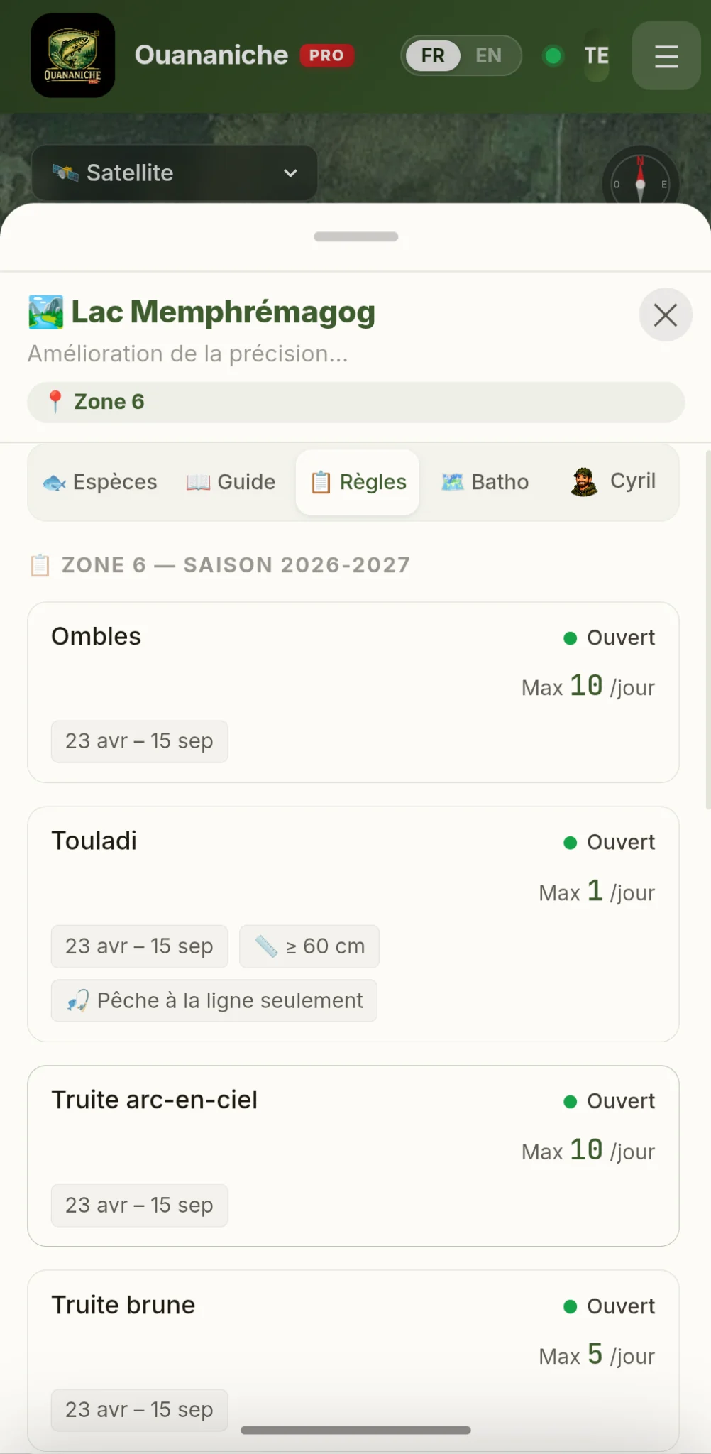 Capture d’écran de la réglementation officielle par zone dans Ouananiche
