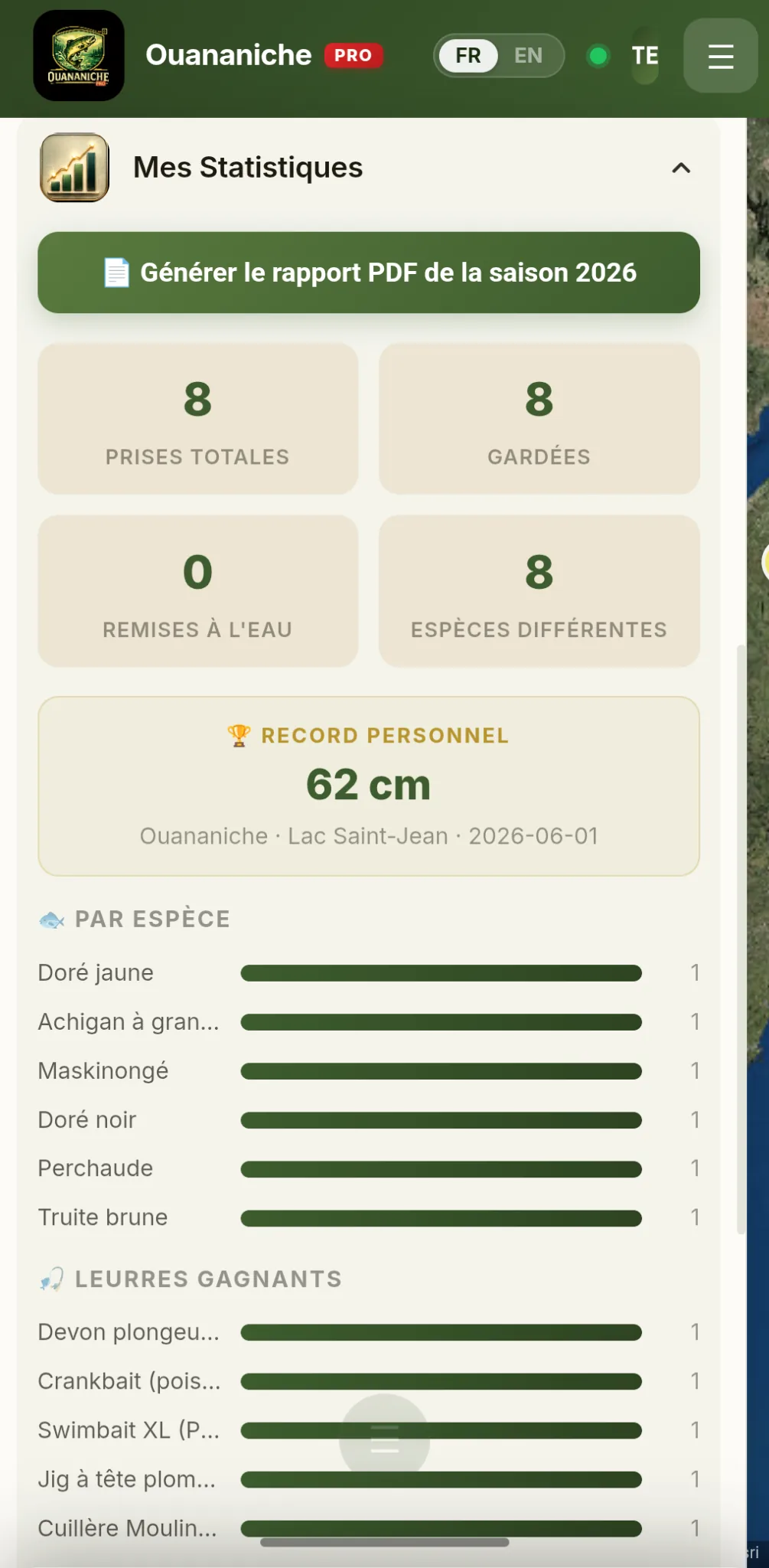 Capture d’écran des statistiques et du journal de pêche dans Ouananiche