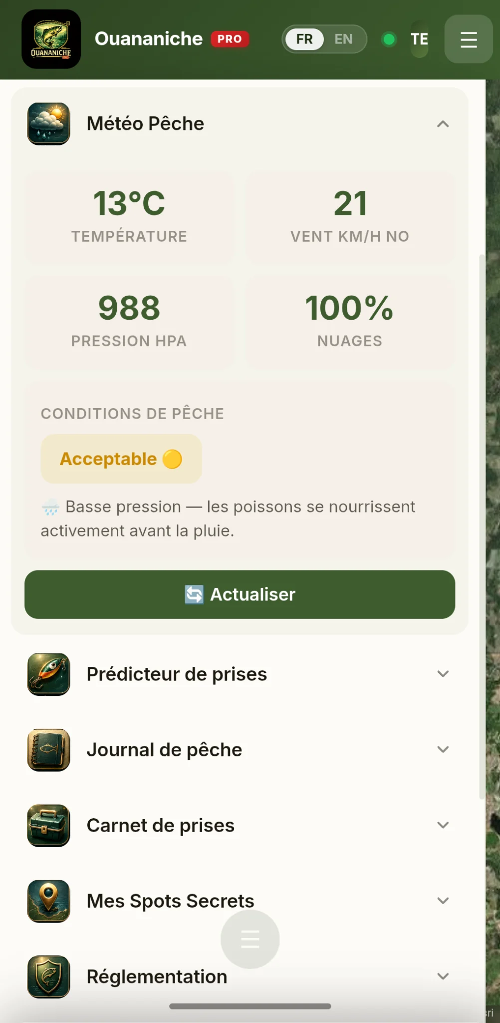 Capture d’écran de la météo pêche dans Ouananiche