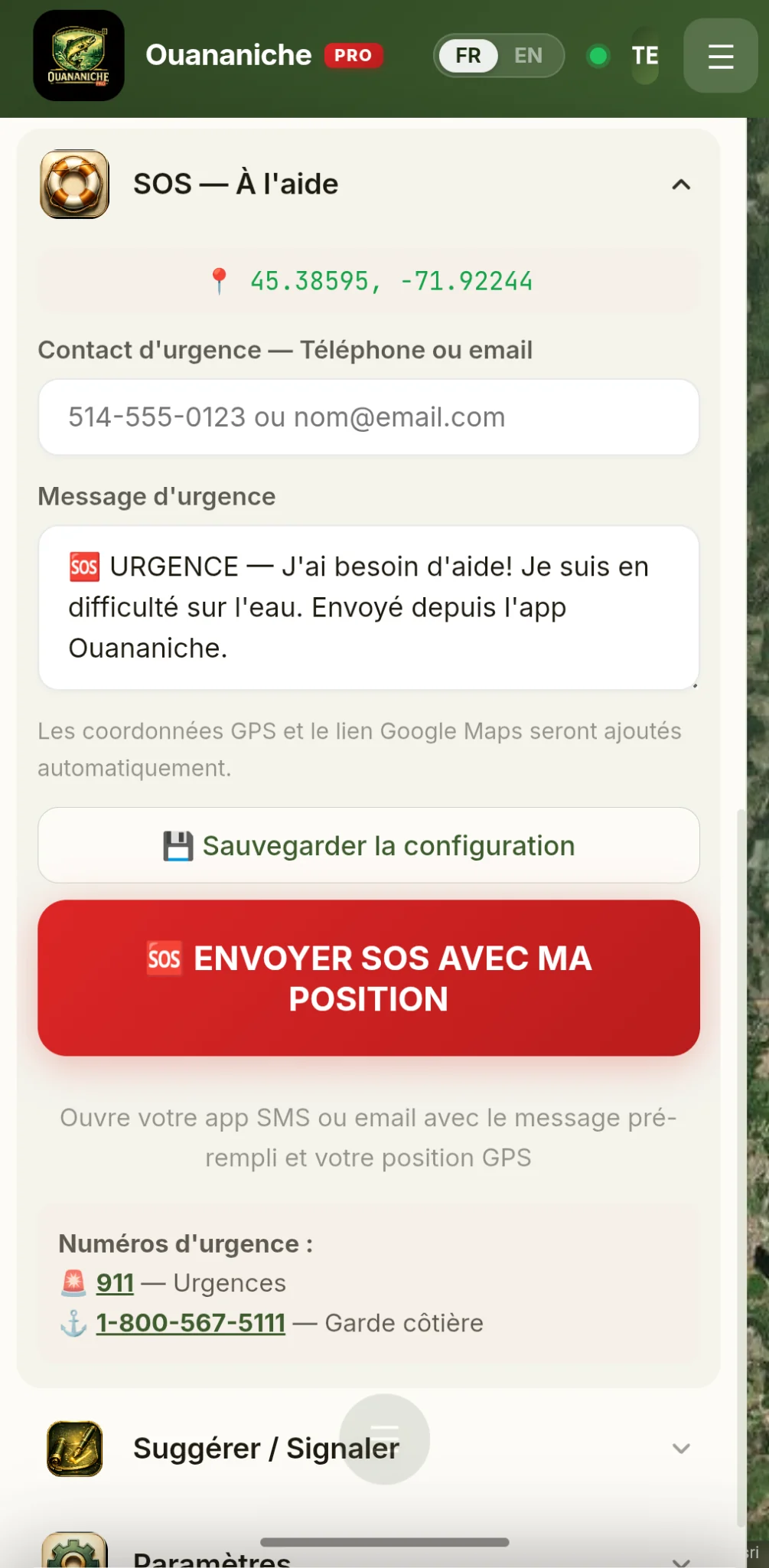 Capture d’écran du module SOS urgence dans Ouananiche