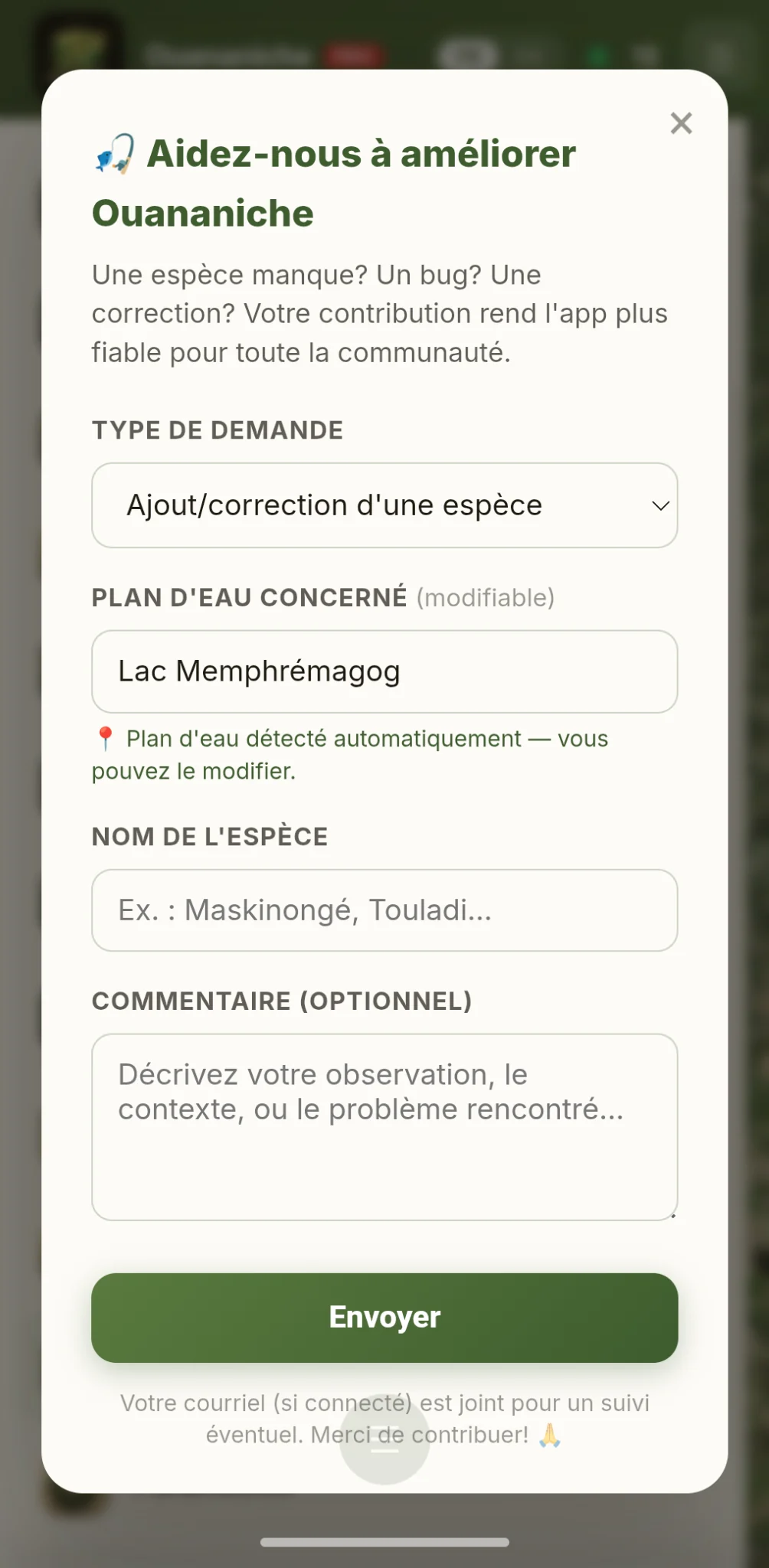 Capture d’écran du formulaire Suggérer / Signaler dans Ouananiche