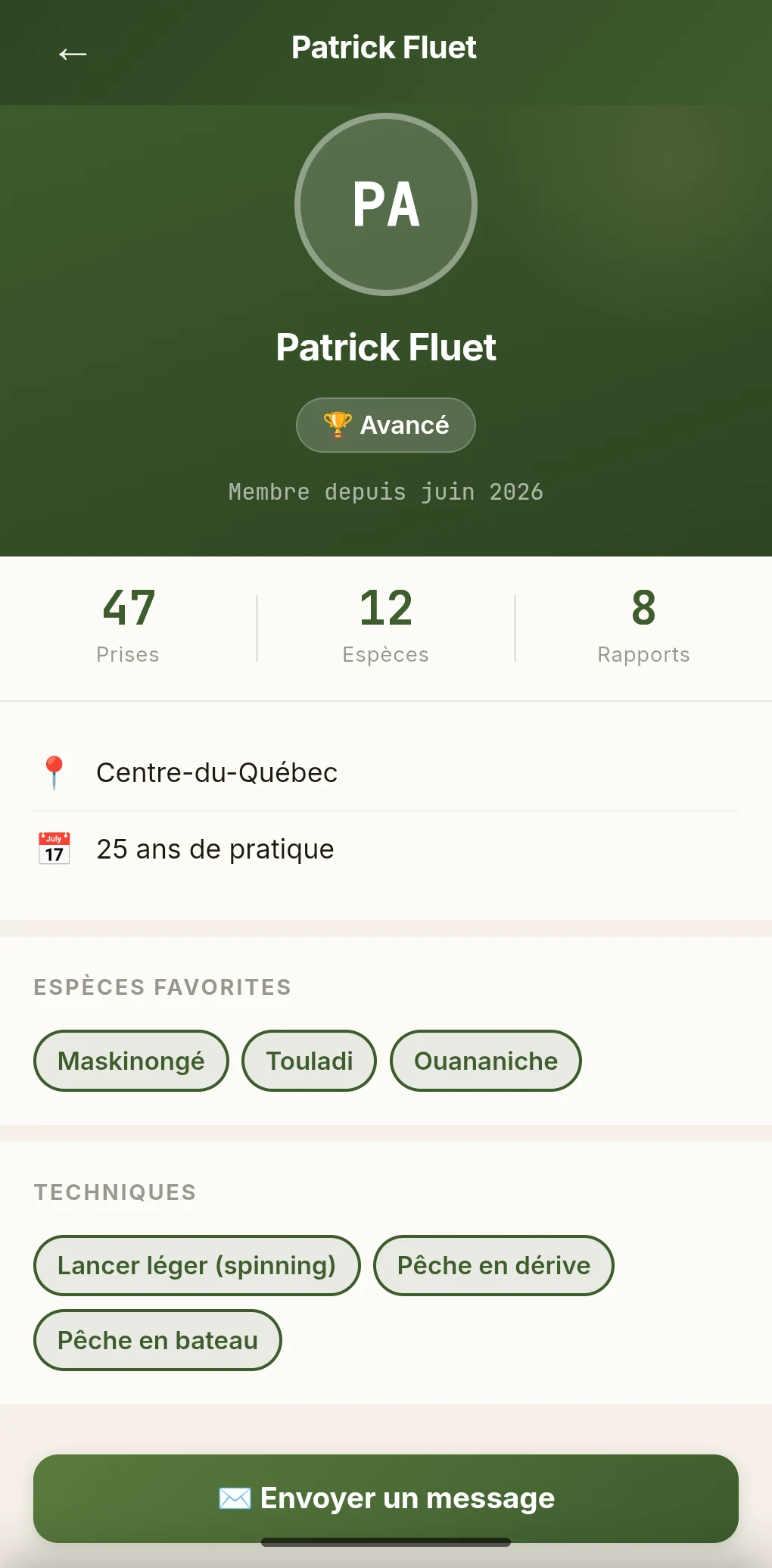 Capture d’écran d’un profil membre public dans Ouananiche